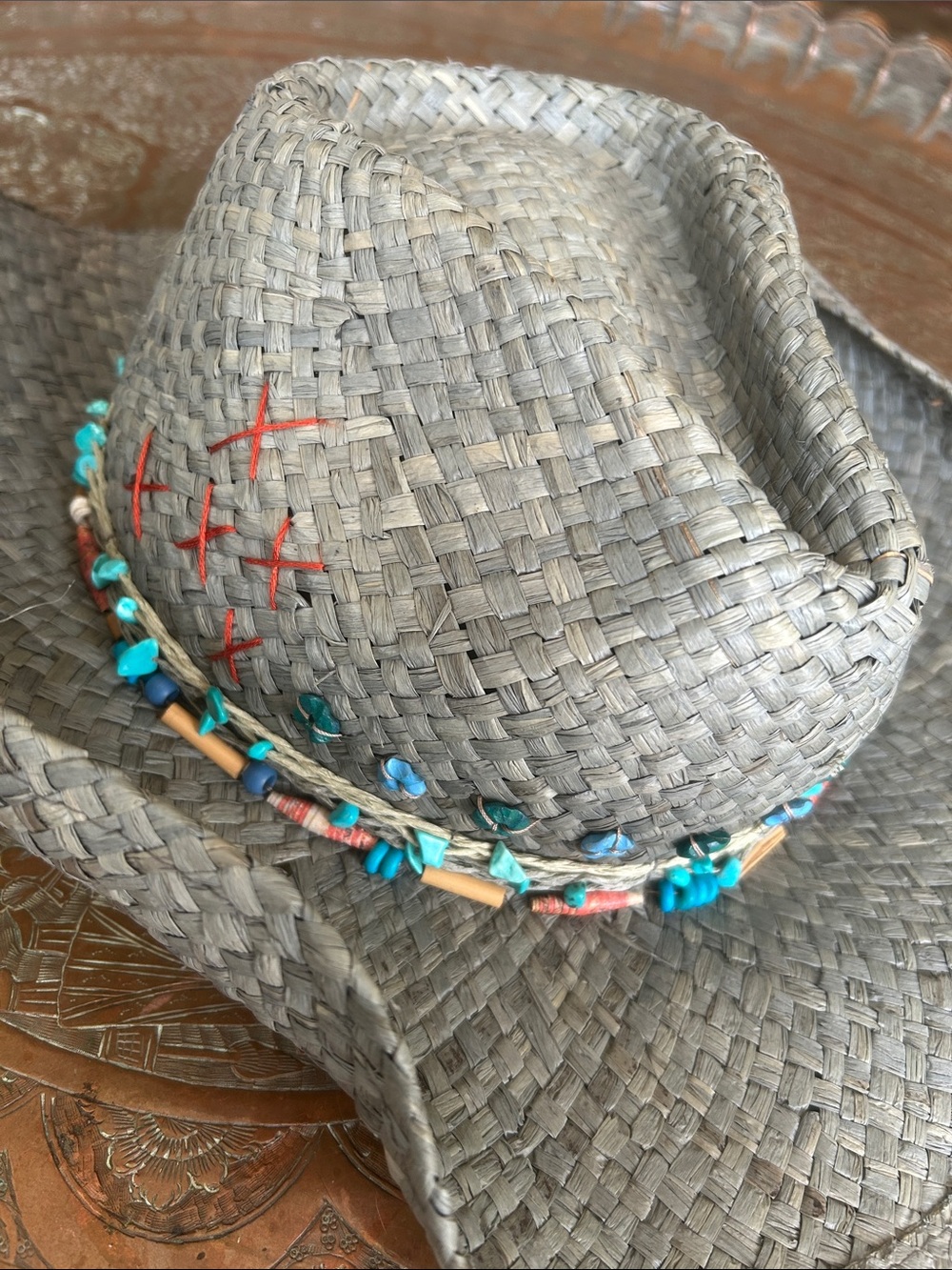Upcycled Woven Straw Fedora Cowgirl hat with Turquoise Bead Trim